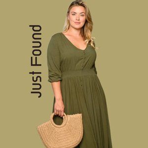 NWT Just Found 3/4 Sleeve V-Neck Smock Waist Maxi Dress Olive Green